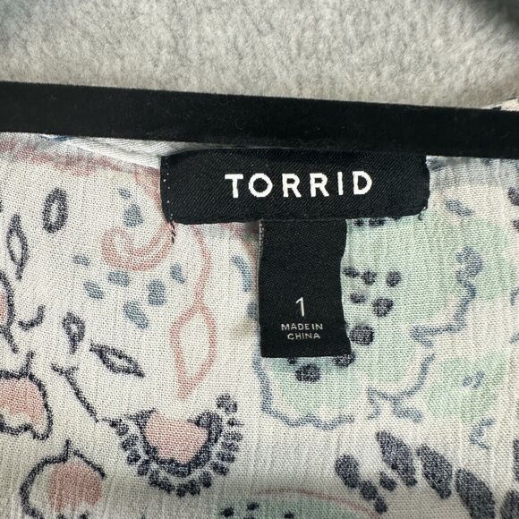 TORRID Plus 1X Gauze Roll Tab Sleeve Tunic Floral Open From Cardigan Waterfall - Picture 6 of 12